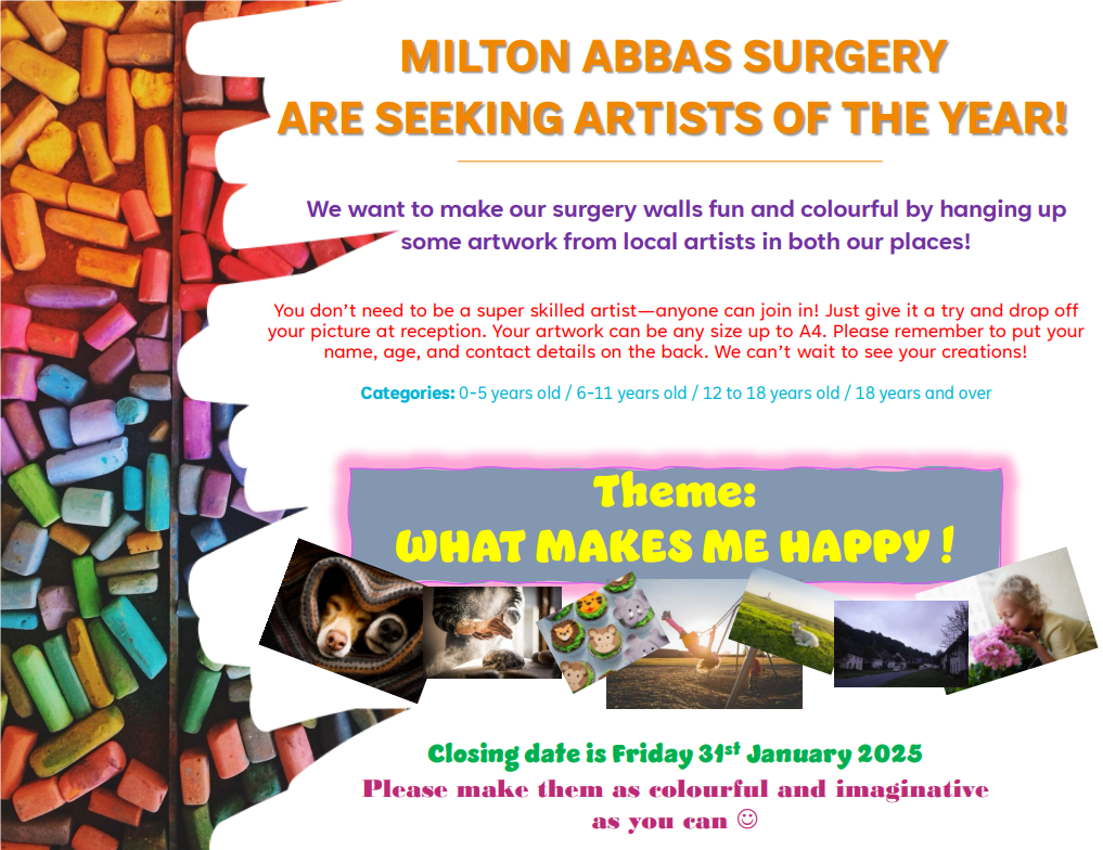 Milton Abbas Surgery are seeking artists of the year. Details given of artwork competition.